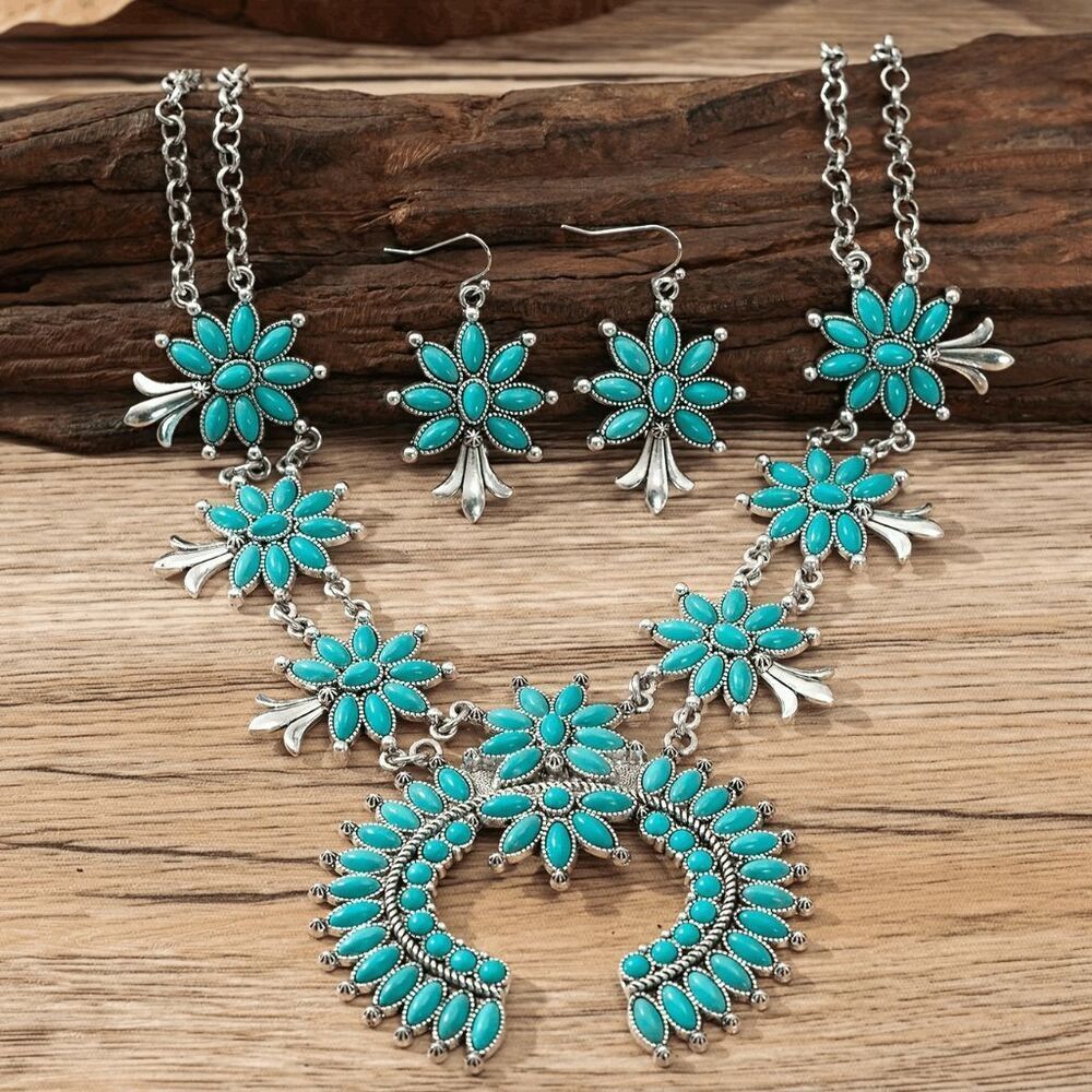 Western Boho Squash Blossom Turquoise Silver Necklace and Earring Set